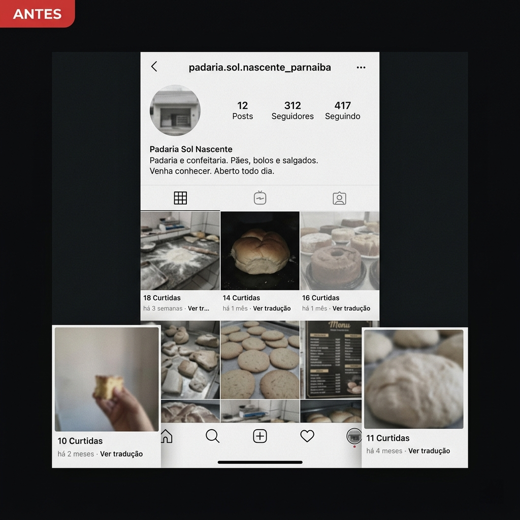 Perfil de Instagram parado, com poucas fotos e baixo engajamento